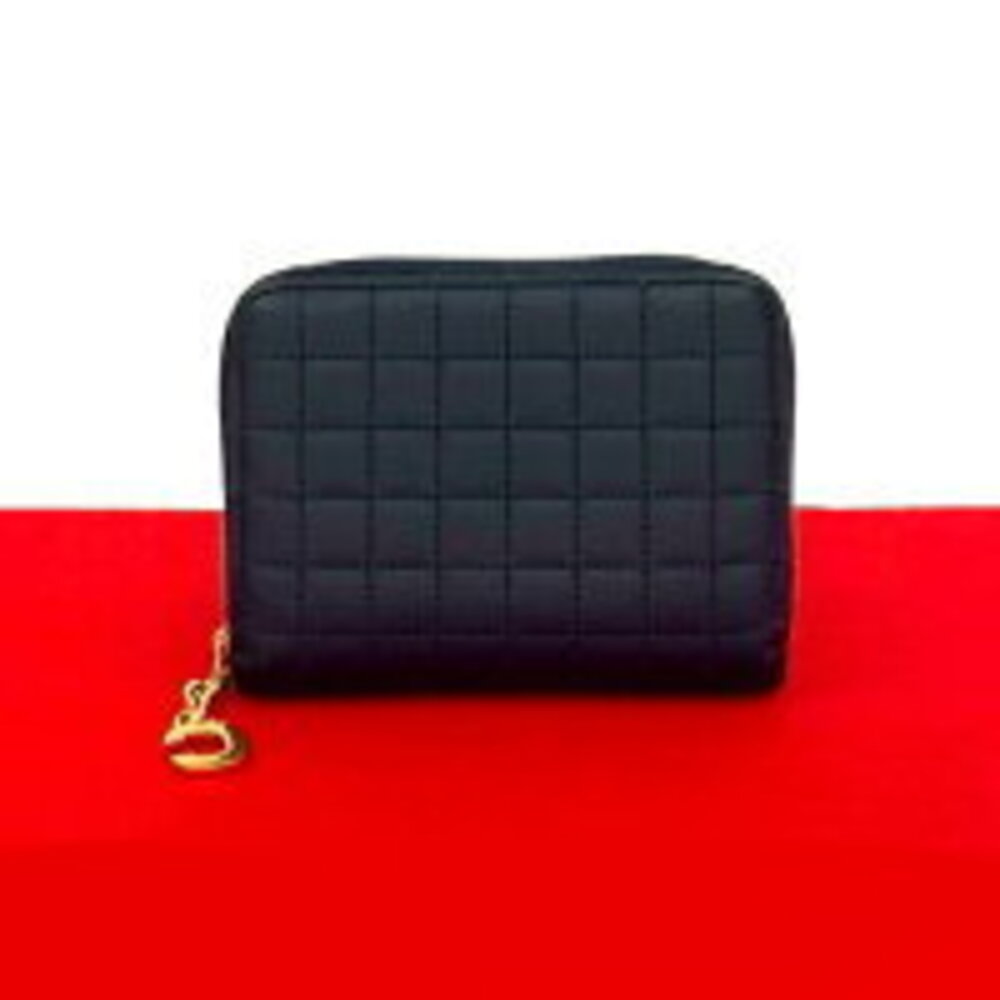 Celine Round Leather Navy Wallet Charm Blue Quilted Compact Bifold Zip - Picture 2 of 9